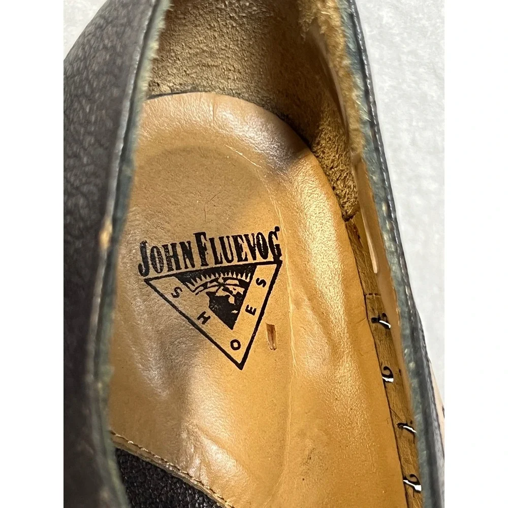 John Fluevog Leather Lace Up Oxford Heels Brown Tan Blue Size 8.5 Portugal